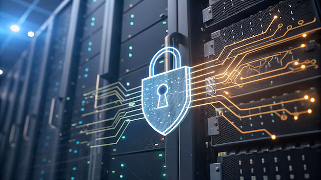 Cloud and server rack with a padlock symbolizing encrypted archiving and secure access